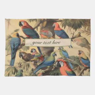 Vintage botanical scene parrots customisable  tea towel