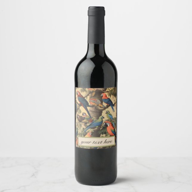 Vintage botanical scene parrots customisable  wine label (Front)