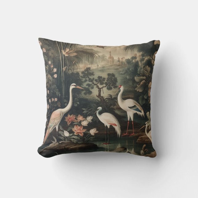 Vintage botanical scene white bird and palace cushion (Front)