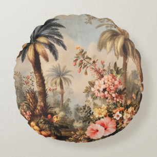 Vintage Botanical Scene with Palms Round Cushion