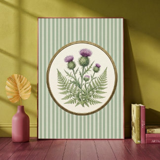 Vintage Botanical Scottish Thistle and Fern Green Poster