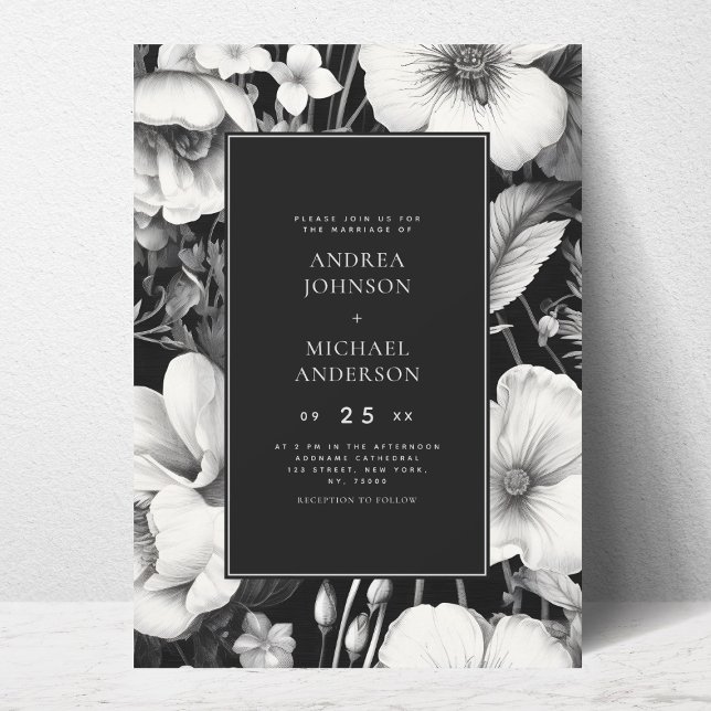Vintage Botanical Sketch Black Floral Wedding      Invitation (Creator Uploaded)