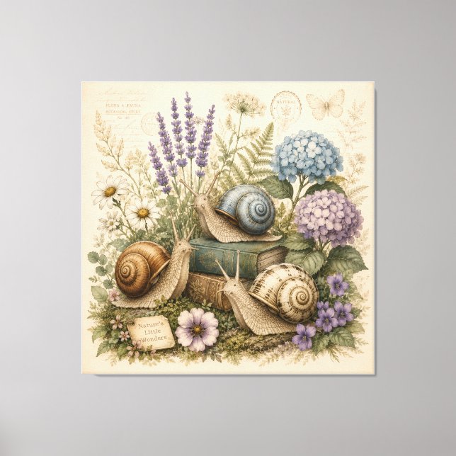 Vintage Botanical Snails Nature Canvas Wall Art (Front)