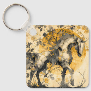 Vintage Botanical Spirit White Horse Floral Vines Key Ring