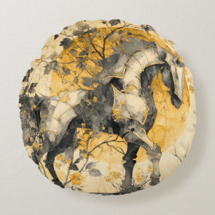 Vintage Botanical Spirit White Horse Floral Vines Round Cushion