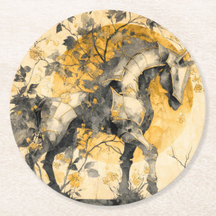 Vintage Botanical Spirit White Horse Floral Vines Round Paper Coaster