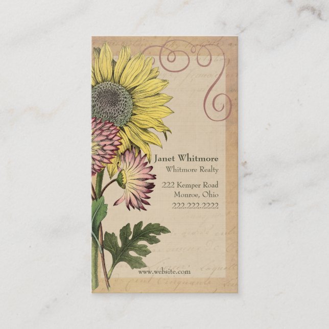 Vintage Botanical Sunflower Business Card (Front)