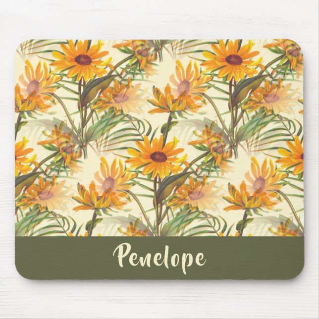 Vintage Botanical Sunflowers Pattern With Name Mouse Mat (Front)