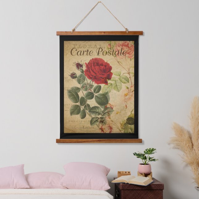 Vintage Botanical Tapestry - Rose Black Background (Bedroom)