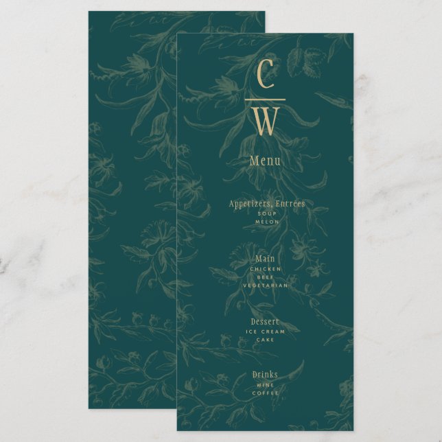 Vintage BOTANICAL TEAL GOLD Wedding Menu (Front/Back)