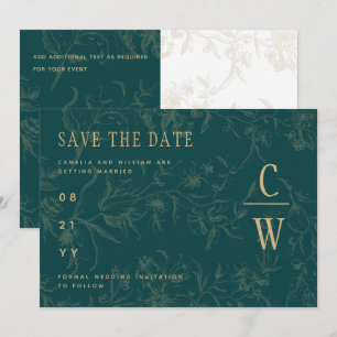 Vintage BOTANICAL TEAL GOLD Wedding Save The Date