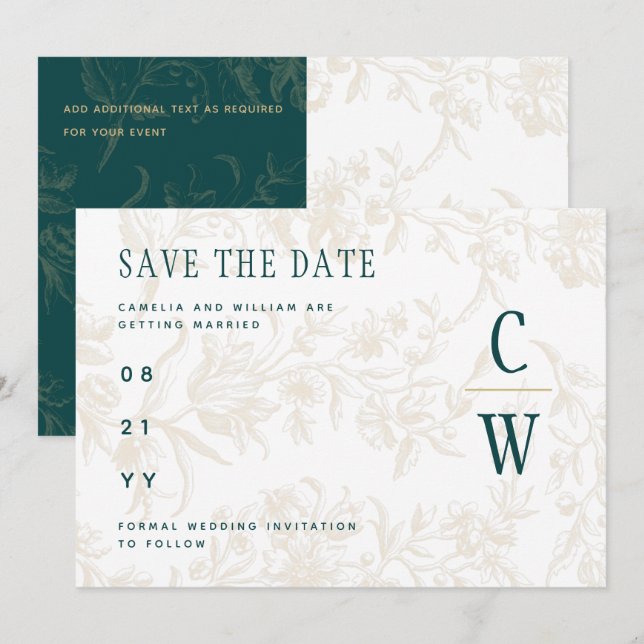 Vintage BOTANICAL TEAL GOLD Wedding Save The Date (Front/Back)