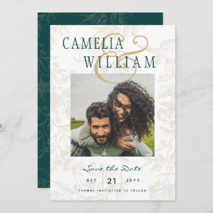Vintage BOTANICAL TEAL GOLD Wedding Save the Date Invitation