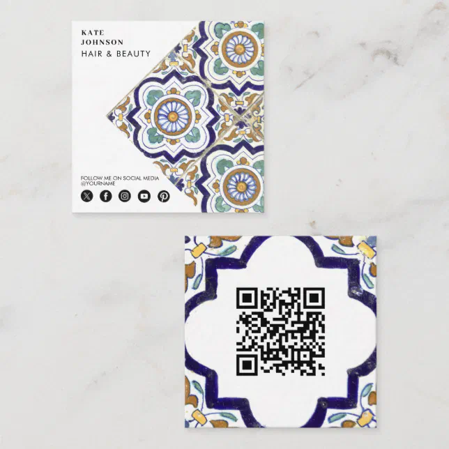Vintage Botanical Tiles QR Code Social Media Icons Square Business Card ...