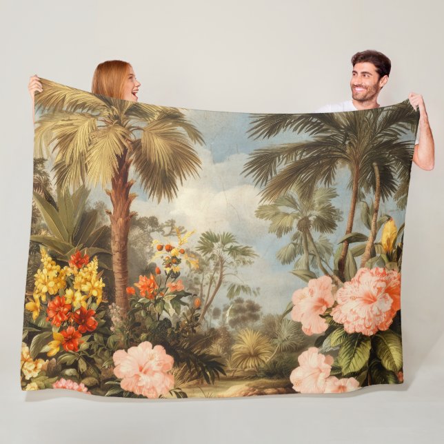 Vintage Botanical Tropical Palms Fleece Blanket (In Situ)