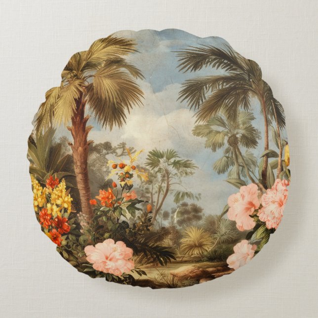Vintage Botanical Tropical Palms Round Cushion (Front)