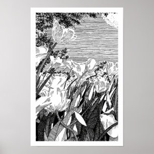 Vintage Botanical Tulip Field Line Art Drawing Poster