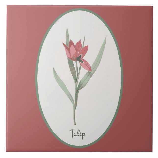 Vintage Botanical Tulip Flower Cameo on Pink  Tile (Front)