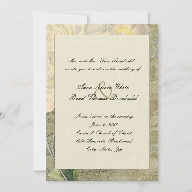 Vintage Botanical White Peony Wedding Invitation (Front)