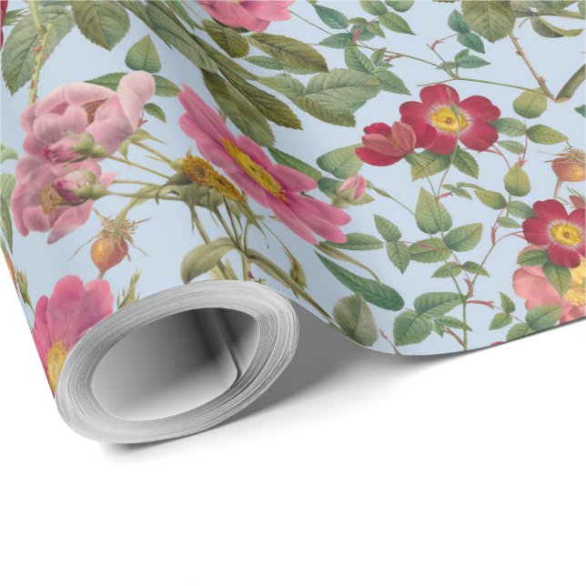 Vintage Botanical Wild Rose Gift Paper Soft Blue (Roll Corner)