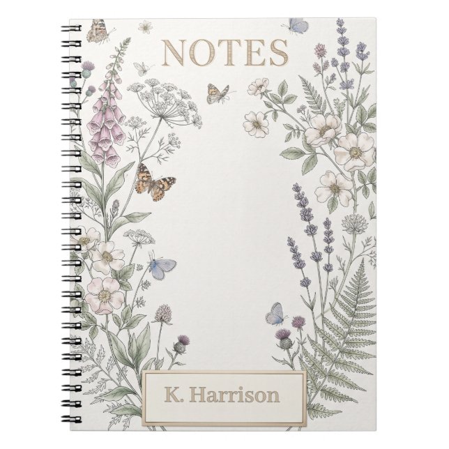 Vintage Botanical Wildflower and Butterfly Design Notebook (Front)