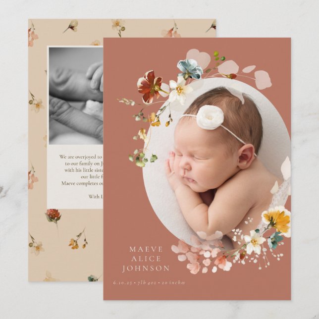 Vintage Botanical Wildflower Birth Announcement (Front/Back)