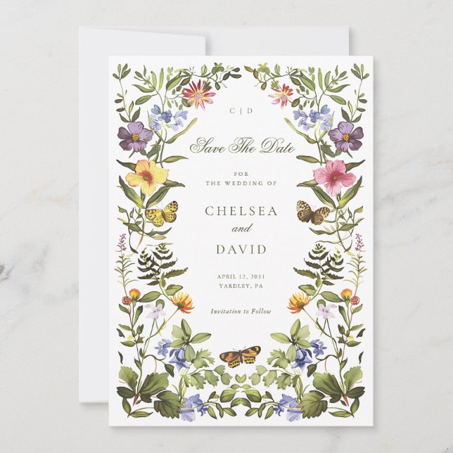 Vintage Botanical Wildflower Boho Save The Date Invitation (Front)