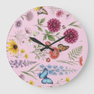 Vintage Botanical Wildflower & Butterfly Pattern Large Clock