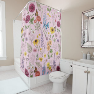 Vintage Botanical Wildflower & Butterfly Pattern Shower Curtain