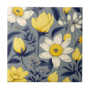 Vintage Botanical with Yellow Flower on Grey Tile