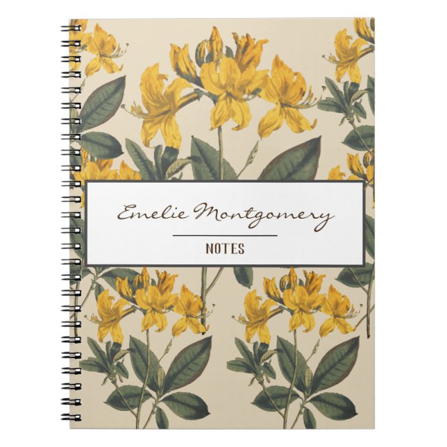 Vintage Botanical Yellow Azalea Flowers & Name Notebook (Front)