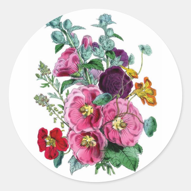 Vintage Botanicals Illustrations Hollyhocks Classic Round Sticker (Front)