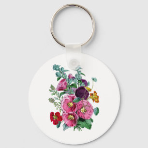 Vintage Botanicals Illustrations Hollyhocks Key Ring
