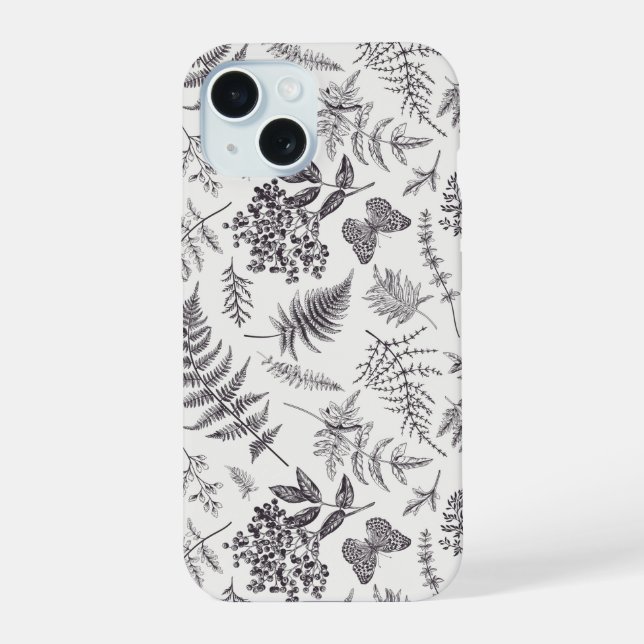 Vintage Botany & Butterfly Pattern iPhone 15 Case (Back)