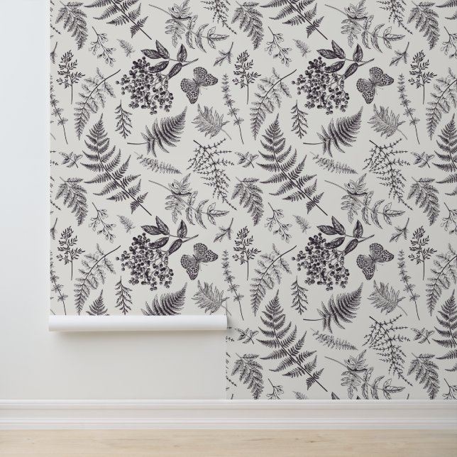 Vintage Botany & Butterfly Pattern Wallpaper (Application)