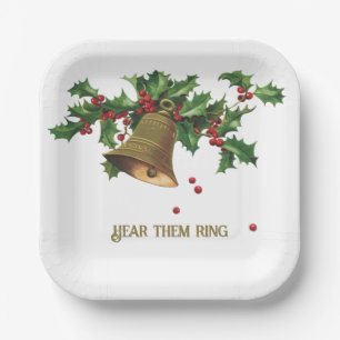 Vintage Bough of Holly, Gold Bell and Berries Paper Plate
