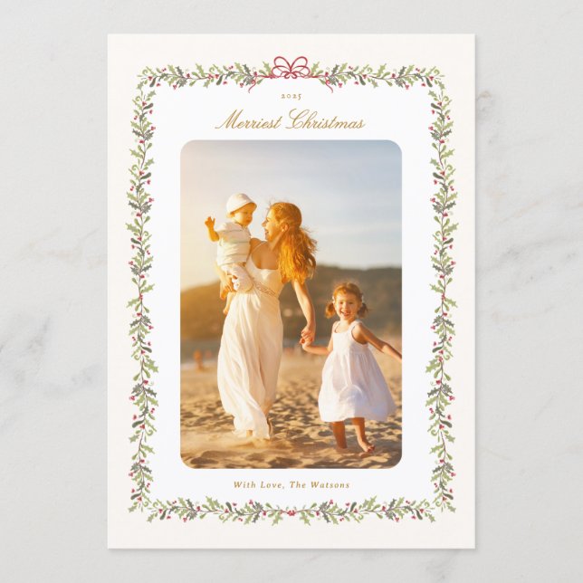 vintage bow christmas botanical photo flat  holiday card (Front)