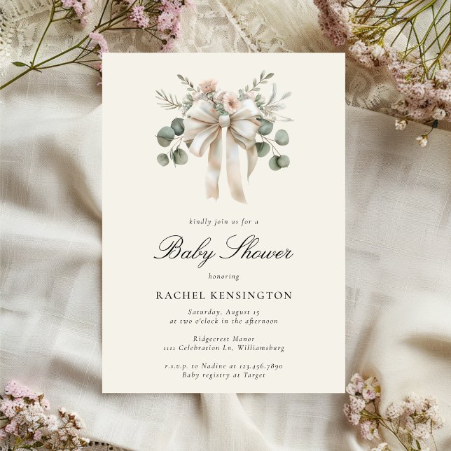 Vintage Bow Eucalyptus Floral Baby Shower Invitation (Creator Uploaded)