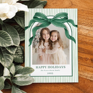 Vintage Bow Green Stripe Christmas Photo Holiday Card