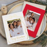 Vintage Bow Merry Christmas 2 Photo Gold Foil Holiday Card<br><div class="desc">Celebrate the season in style with this luxurious Christmas card, featuring your favourite vertical family photo set against a white background adorned with an elegant gold foil bow and ribbon. "Merry Christmas" shines in gold foil, adding a touch of sophistication, with space below to personalise your family name. The back...</div>