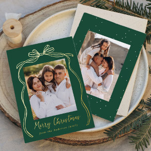 Vintage Bow Merry Christmas Green 2 Photo Foil Holiday Card