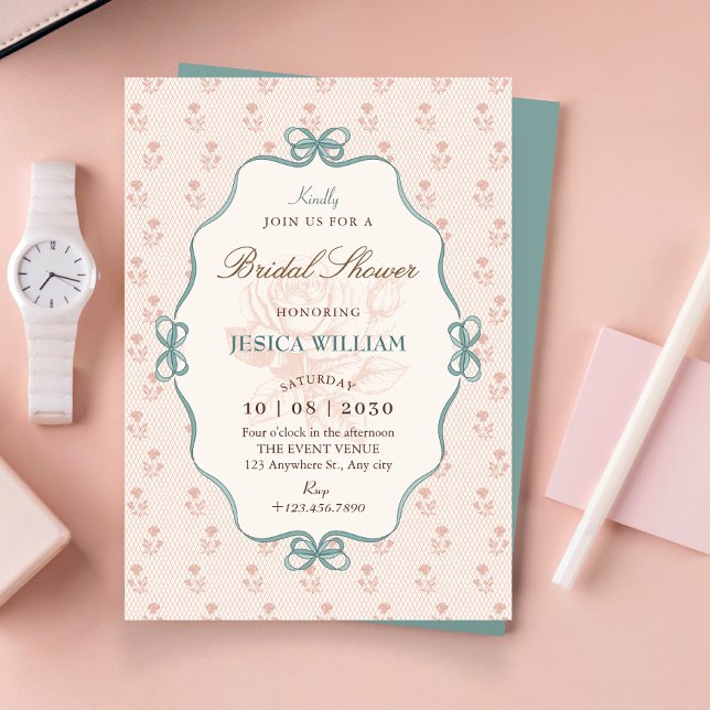 Vintage bow pastel blue pink BRIDAL SHOWER Invitation (Creator Uploaded)