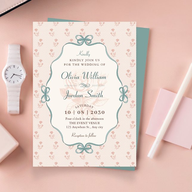 Vintage bow pastel blue pink wedding  invitation (Creator Uploaded)