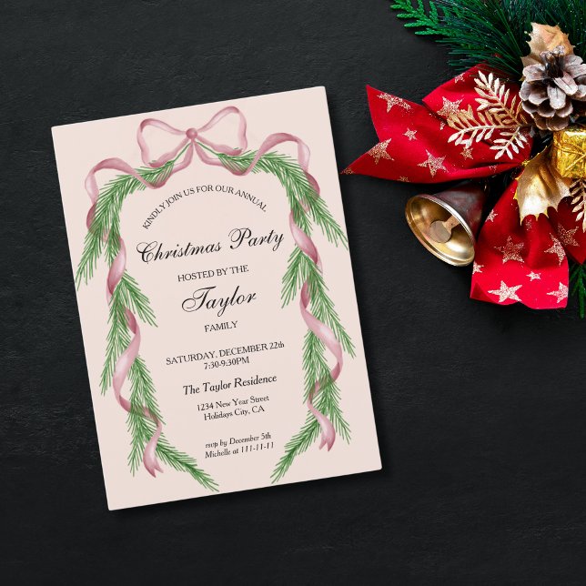 Vintage Bow Ribbon Wreath Christmas Dinner Party Invitation (Creator Uploaded)