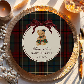 Vintage Bow Teddy Bear Christmas Baby Shower Paper Plate