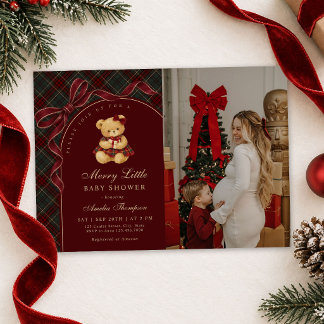 Vintage Bow Teddy Bear Christmas Baby Shower Photo Invitation