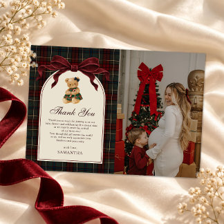 Vintage Bow Teddy Bear Christmas Baby Shower Photo Thank You Card