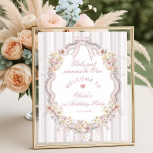 Vintage Bow Wildflower Girl 1st Birthday Welcome Poster