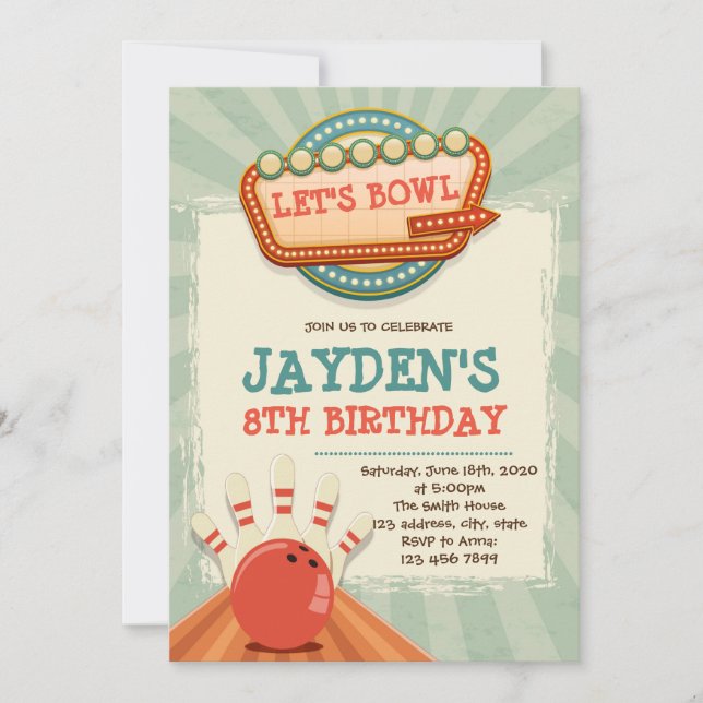 Vintage bowling birthday party invitation (Front)