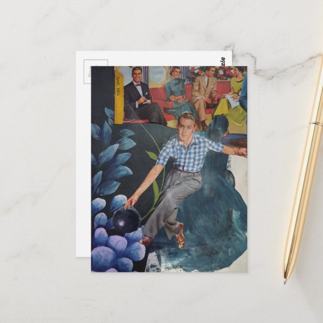 Vintage Bowling Man Mixed Media Collage Postcard (Front/Back In Situ)